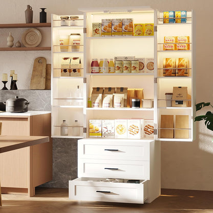 72" LED Kitchen Pantry Cabinet with 3 Drawers Farmhouse Tall Storage Cabinet Wood Food Pantry with Barn Doors and Adjustable Shelves Versatile Storage Freestanding Cupboard for Kitchen