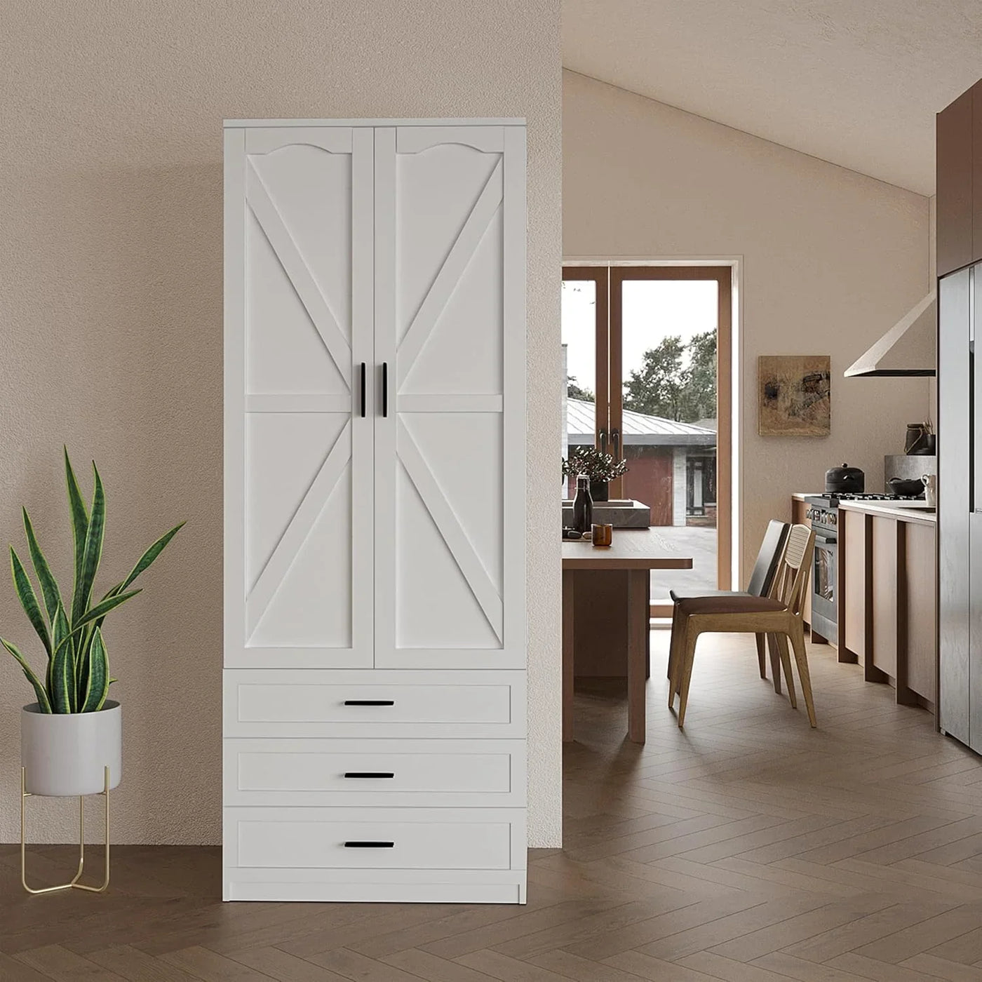 72" LED Kitchen Pantry Cabinet with 3 Drawers Farmhouse Tall Storage Cabinet Wood Food Pantry with Barn Doors and Adjustable Shelves Versatile Storage Freestanding Cupboard for Kitchen