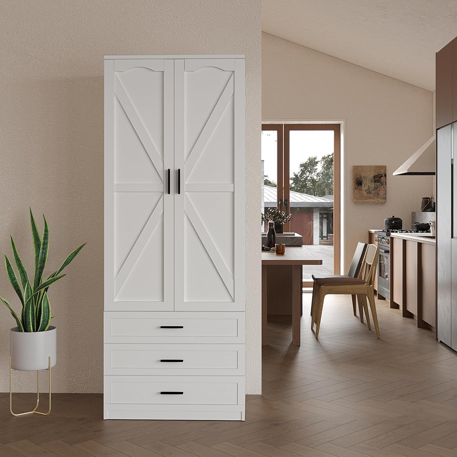 72" LED Kitchen Pantry Cabinet with 3 Drawers Farmhouse Tall Storage Cabinet Wood Food Pantry with Barn Doors and Adjustable Shelves Versatile Storage Freestanding Cupboard for Kitchen