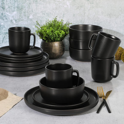 Zuma Stoneware Plates, Bowls, & Mugs Dinnerware Set - Matte Black, Service for Four (16Pcs)