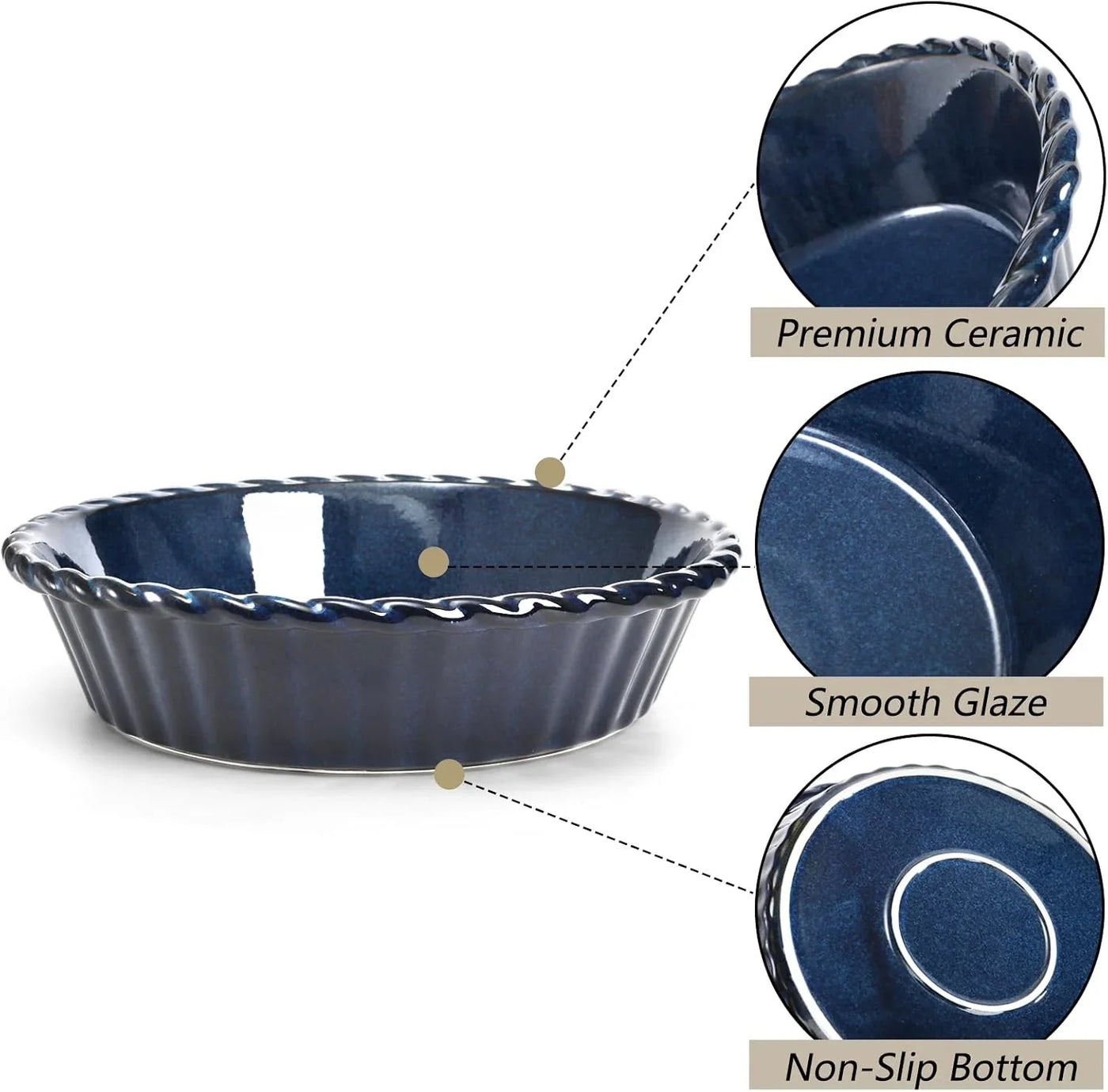 2 Pack Ceramic Pie Pans, 10 Inch Deep Fluted Pie Plate, 54 Ounce round Baking Dish for Quiche, Apple Pecan Pie, Pot Pie, Blue