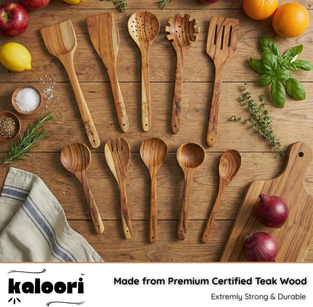 10-Piece Teak Wooden Cooking Utensil Set | Handmade Wood Spoons & Spatulas | Heat-Resistant, Non-Scratch Cookware Safe