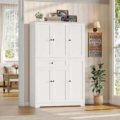 68" Tall Kitchen Pantry Storage Cabinet, Modern Kitchen Hutch Cabinet with Doors and Shelves, Freestanding Food Pantry with Large Storage Drawer for Dining Room, Living Room, White