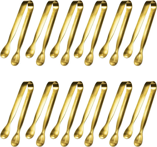 12 Pcs Serving Tongs, Small Serving Utensils for Parties Catering Gold Tongs, Food-Grade 304 Stainless Steel Mini Appetizer Tongs for Tea Party Coffee Bar, 4 Inches - Gold