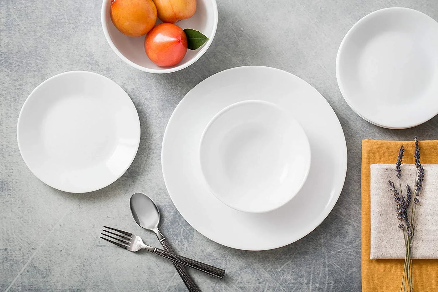 Vitrelle 18-Piece Service for 6 Dinnerware Set Triple Layer Glass and Chip Resistant, Lightweight round Plates and Bowls Set, Winter Frost White
