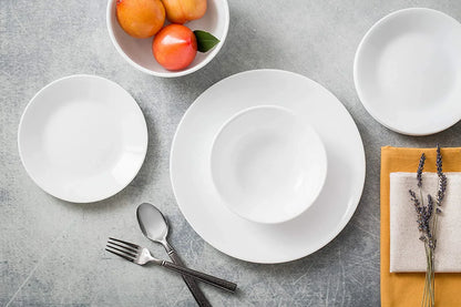 Vitrelle 18-Piece Service for 6 Dinnerware Set Triple Layer Glass and Chip Resistant, Lightweight round Plates and Bowls Set, Winter Frost White