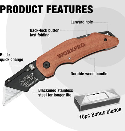 Folding Utility Knife with Stainless Steel Head, Quick-Change Blade & Back Lock, Wood Handle Heavy Duty Box Cutter, 1PC Razor Knife with Extra 10PC SK5 Blades