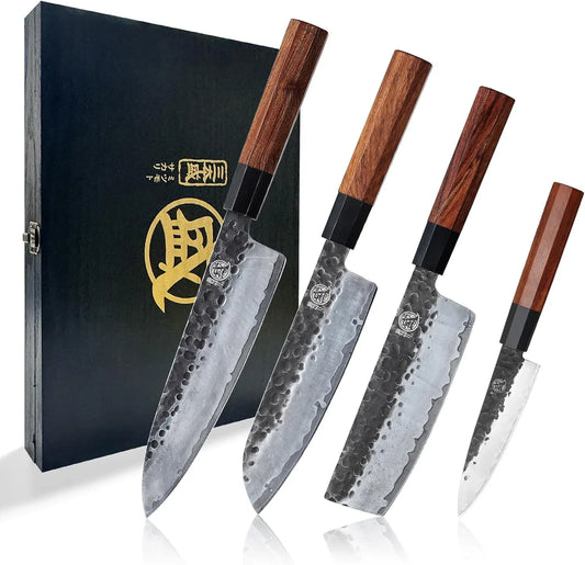 Japanese Chef'S Knife Set 4 Pcs, Professional Hand Forged Kitchen Chef Knife Set, High Carbon Ultra Sharp Cooking Chefs Knife Set (Rosewood Handle & Sandalwood Box)