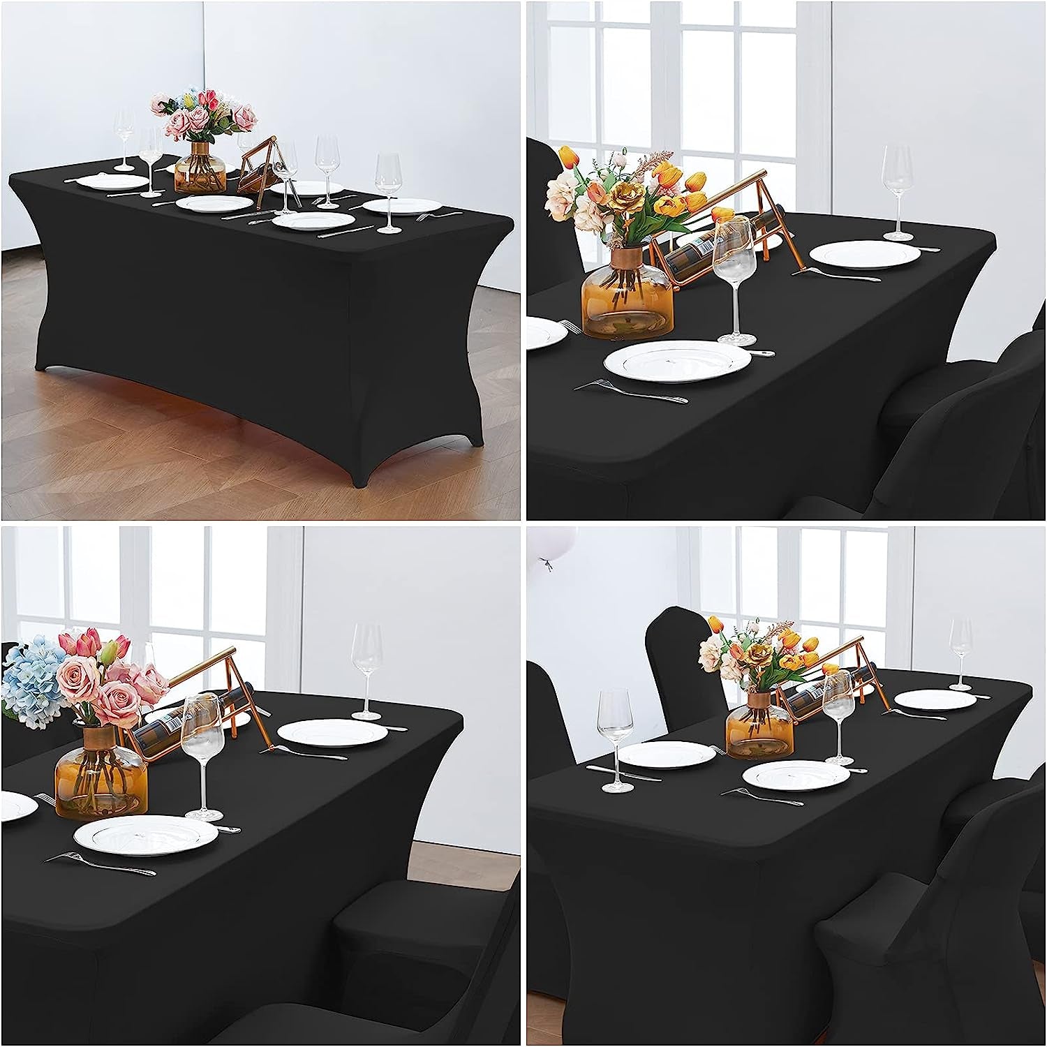6FT Waterproof Stretch Spandex Table Cover for Rectangular Tables - Elastic Fitted Tablecloth for Folding Tables,Wrinkle Resistant Table Cloth for Parties, Weddings, Banquets & Events (Black)