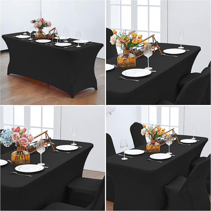 6FT Waterproof Stretch Spandex Table Cover for Rectangular Tables - Elastic Fitted Tablecloth for Folding Tables,Wrinkle Resistant Table Cloth for Parties, Weddings, Banquets & Events (Black)