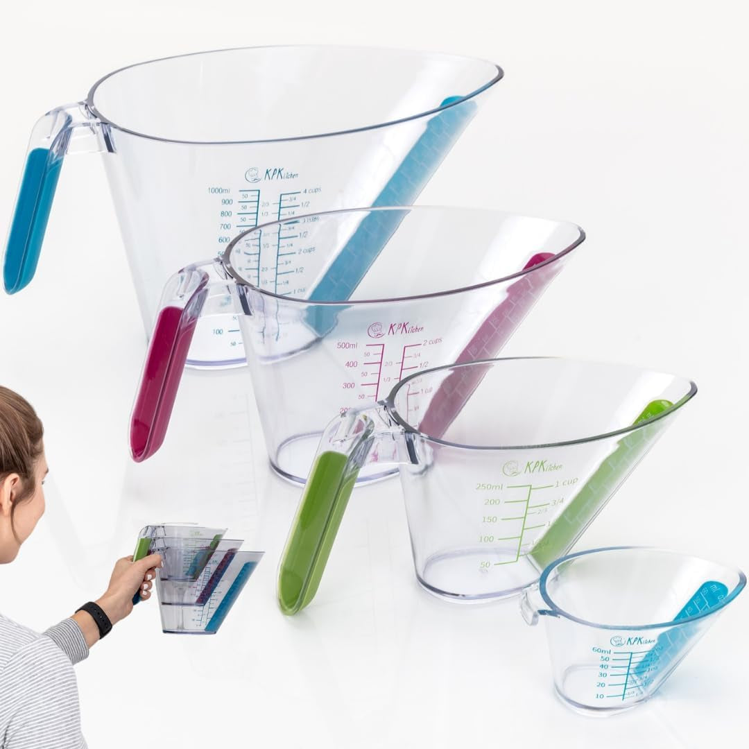 4-Piece Angled Liquid Measuring Cups Plastic Set - Bpa-Free Mini Oz, 1, 2 and 4 Plastic Measuring Cup Sizes - Measuring Cups for Liquids with ML & Cups Measures - Small & Large Measure Cup