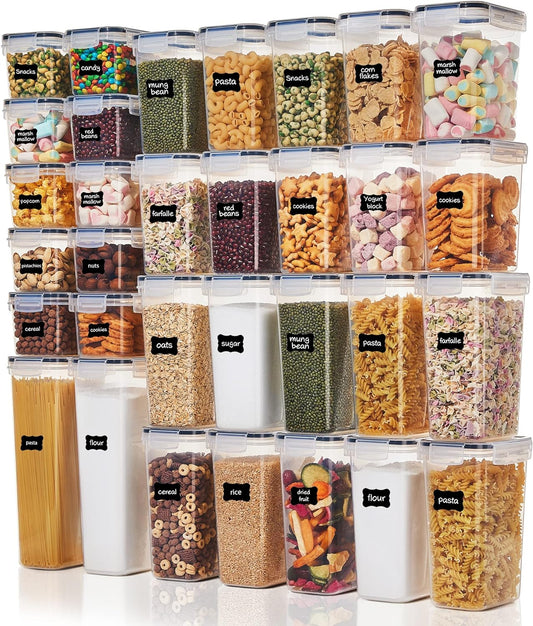 32Pcs Airtight Food Storage Containers Set, BPA Free Plastic Kitchen and Pantry Organization Canisters with Lids for Cereal, Dry Food, Flour and Sugar, Includes 32 Labels