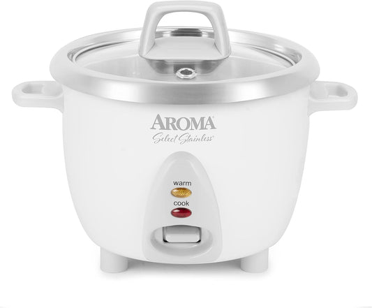 ® Select Stainless® Rice Cooker, 3-Cup (Uncooked) / 6-Cup (Cooked), Stainless Steel Inner Pot, Small Rice Cooker, Auto Keep Warm, 1.2 Qt, White, ARC-753SG