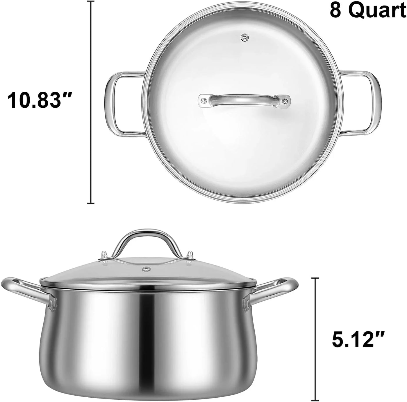 Stainless Steel Stock Pot - 8 Quart 3Ply Heavy Duty Large Induction Cooking Pot with Lid for Pasta, Soup, Spaghetti, Nonstick Deep Stockpot, Kitchen Cookware for Stew, Simmer, Canning, Boiling
