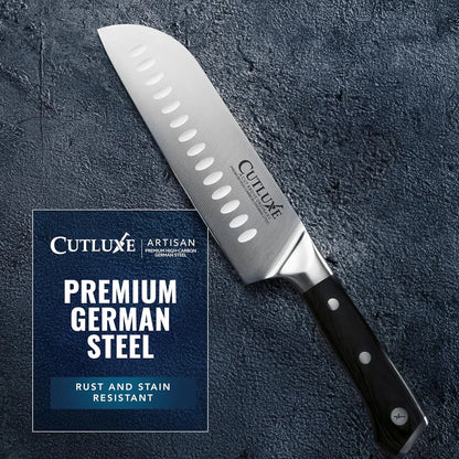 Santoku Knife – 7" Chopping Knife, Meat and Vegetable Knife – Forged High Carbon German Steel – Sheath Included – Full Tang & Razor Sharp – Ergonomic Handle Design – Artisan Series