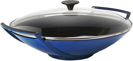Enameled Cast-Iron 14-1/4-Inch Wok with Glass Lid, Cobalt Blue