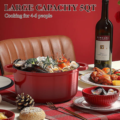 Enameled Cast Iron Dutch Oven -  5QT Pot with Lid & Cotton Potholders - Heavy-Duty Cookware for Bread Baking, Braising, Stews, Roasting(Red)