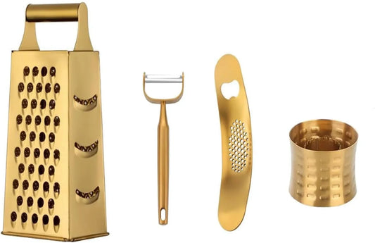 Box Grater 4Pcs Set - Gold Color with Container, Stainless Steel Garlic Press、Corn Peeler & Peelers for Fruits, Vegetables,Box Cheese Grater Stainless Steel