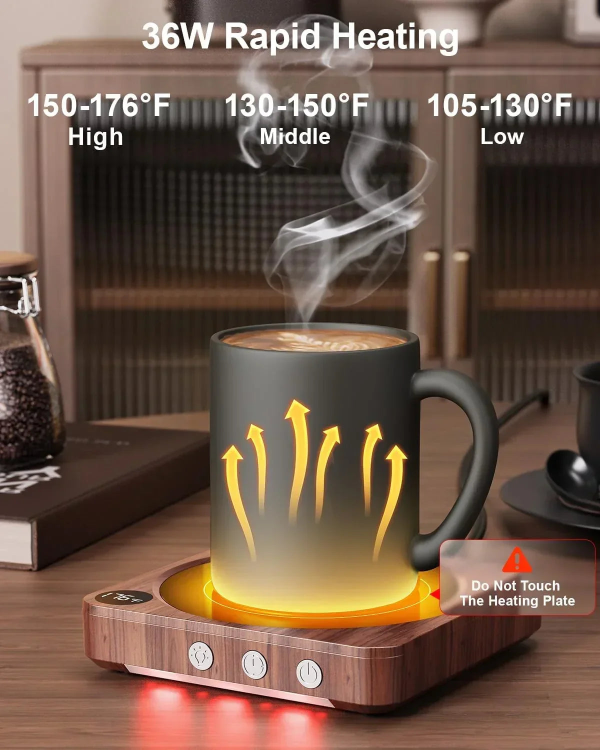 36W rapid heating mug warmer with 3 temp settings, glowing arrows, steam rising, wood base, safety warning