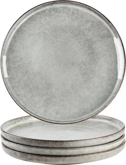10 Inch Ceramic Dinner Plates, Porcelain Steak Plates Set of 4, Fluted round Plates for Kitchen, Pasta, Salad Stonware Dishes, Scratch Resistant (Grey)