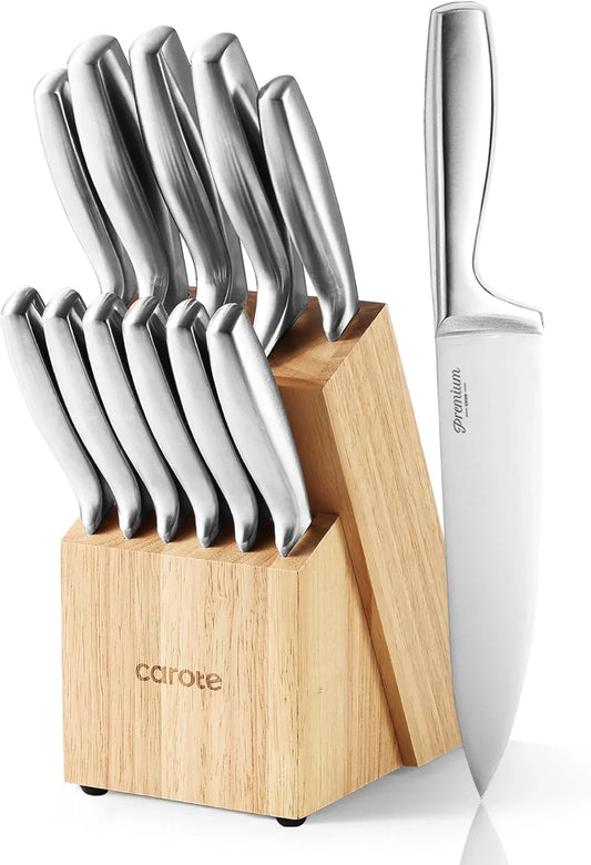 12-Piece Knife Set, All-Stainless Steel Knife Block Set, Kitchen Knives with Wooden Block, Razor-Sharp and Ergonomic, Easy Cleaning