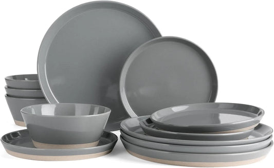 Saturn Dinnerware Sets for 4, 12 Pieces Stoneware Plates and Bowls Dish Set - Chip and Scratch Resistant, Microwave and Dishwasher Safe Tableware, Dark Gray