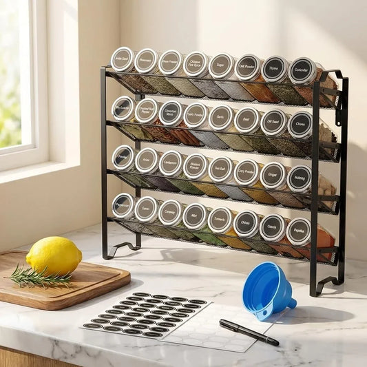 Spice Rack Organizer with 32 Empty Spice Jars, 64 Spice Labels, Chalk Marker and Funnel Set for Cabinet, Countertop, Kitchen, Pantry or Wall Mount, Black