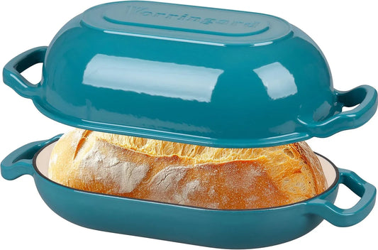 Enameled Cast Iron Sourdough Bread Oven, Dutch Oven, Loaf Cast Iron Bread Pan for Homemade Bread Baking, Meatloaf Pan with Lid, 5QT, Bluegreen