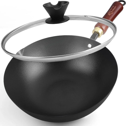 10 Inch Carbon Steel Wok for Electric, Induction and Gas Stoves (Lid and User Guide Video Included)