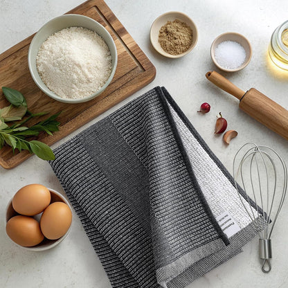 Premium Kitchen Towels 6 Pack (18 X 28 Inches, Black), Large Cotton Kitchen Hand Towel, Flat & Terry Dish Towels for Drying Dishes, Super Absorbent Tea Dishtowels Set with Hanging Loop