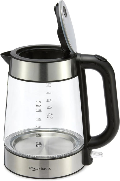 Electric Kettle with Glass Carafe for Tea and Coffee, Bpa-Free, Fast Boiling, Auto Shut-Off, Boil-Dry Protection, Water Level Indicator, 1.7 Liter, 1500W, Black and Silver