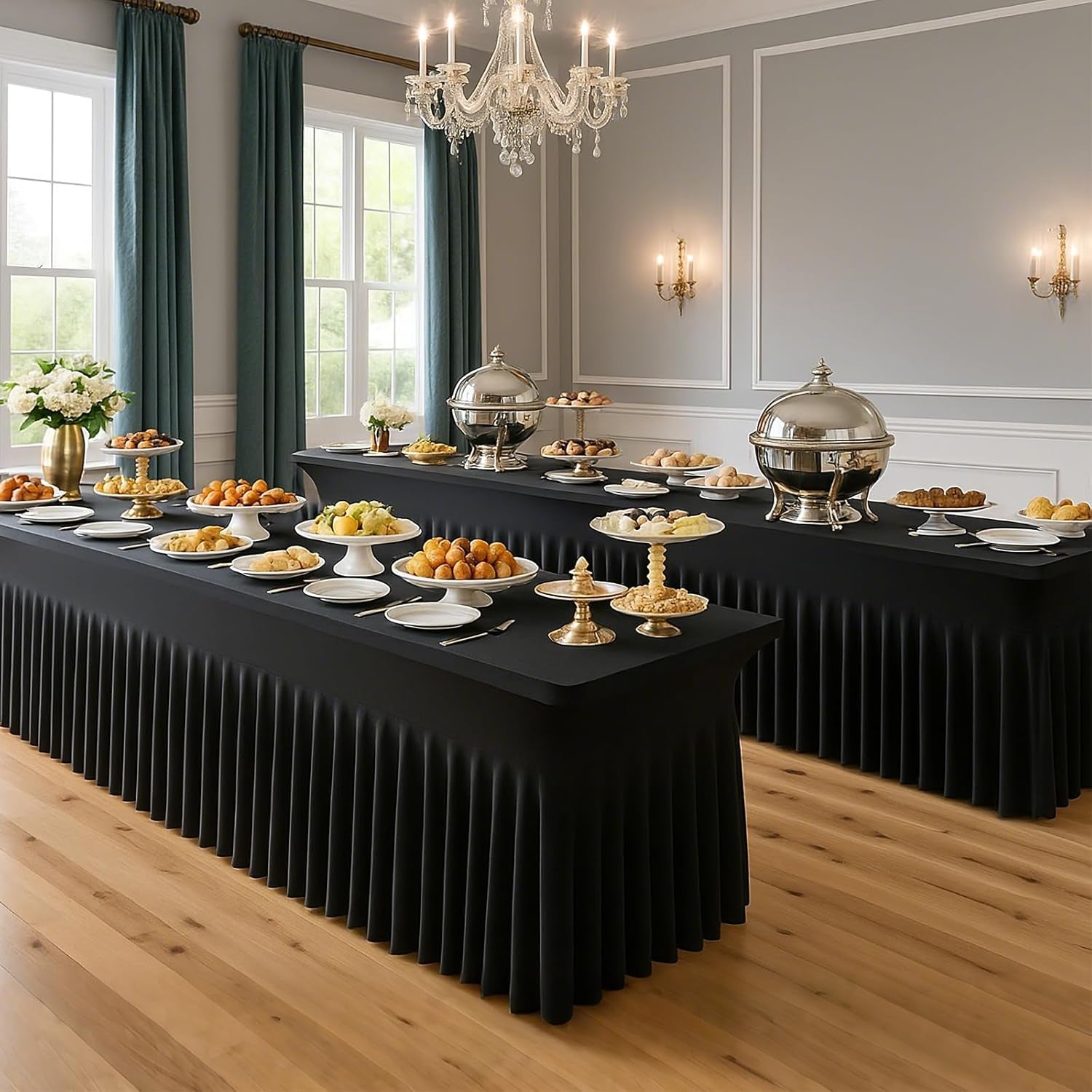 2 Pack Black Spandex Table Covers 6 Foot, Fitted Stretch Tableclothes 30X72 Inch, Wrinkle Free 6FT Fitted Table Clothes with Skirt for Party, Banquet, Wedding and Events