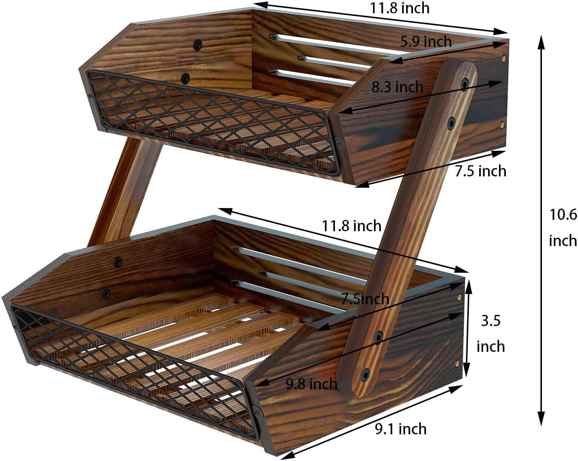 Fruit Basket for Kitchen, 2 Tier Fruit Bowl,Kitchen Counter Organizer,Wooden Vegetable Holder for Countertop,Bread Storage Basket Stand