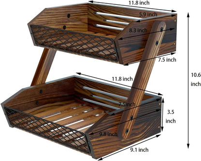 Fruit Basket for Kitchen, 2 Tier Fruit Bowl,Kitchen Counter Organizer,Wooden Vegetable Holder for Countertop,Bread Storage Basket Stand