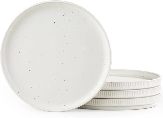 Ceramic Dinner Plates Set 4 Piece 9.8 Inch Plates with Raised Rim, Microwave & Dishwasher Safe, Speckled White Tableware