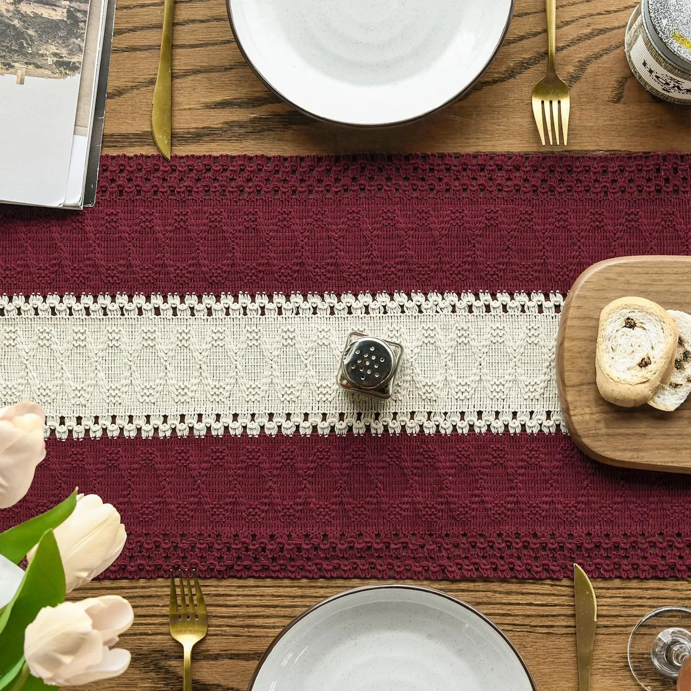 Red Farmhouse Rustic Table Runner, Seasonal Christmas Hollow Kitchen Dining Table Decoration for Home Party Decor 12X72 Inch
