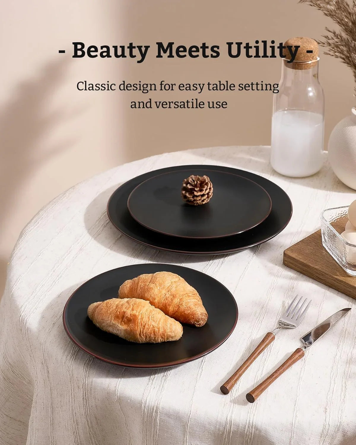 Venus Plates and Bowls Sets, 12 Pieces Stoneware Chip Resistant Dinnerware Dishes Set for 4, Matte Black - Microwave & Dishwasher Safe, Modern Minimalist, for Everyday Meals & Formal Dining
