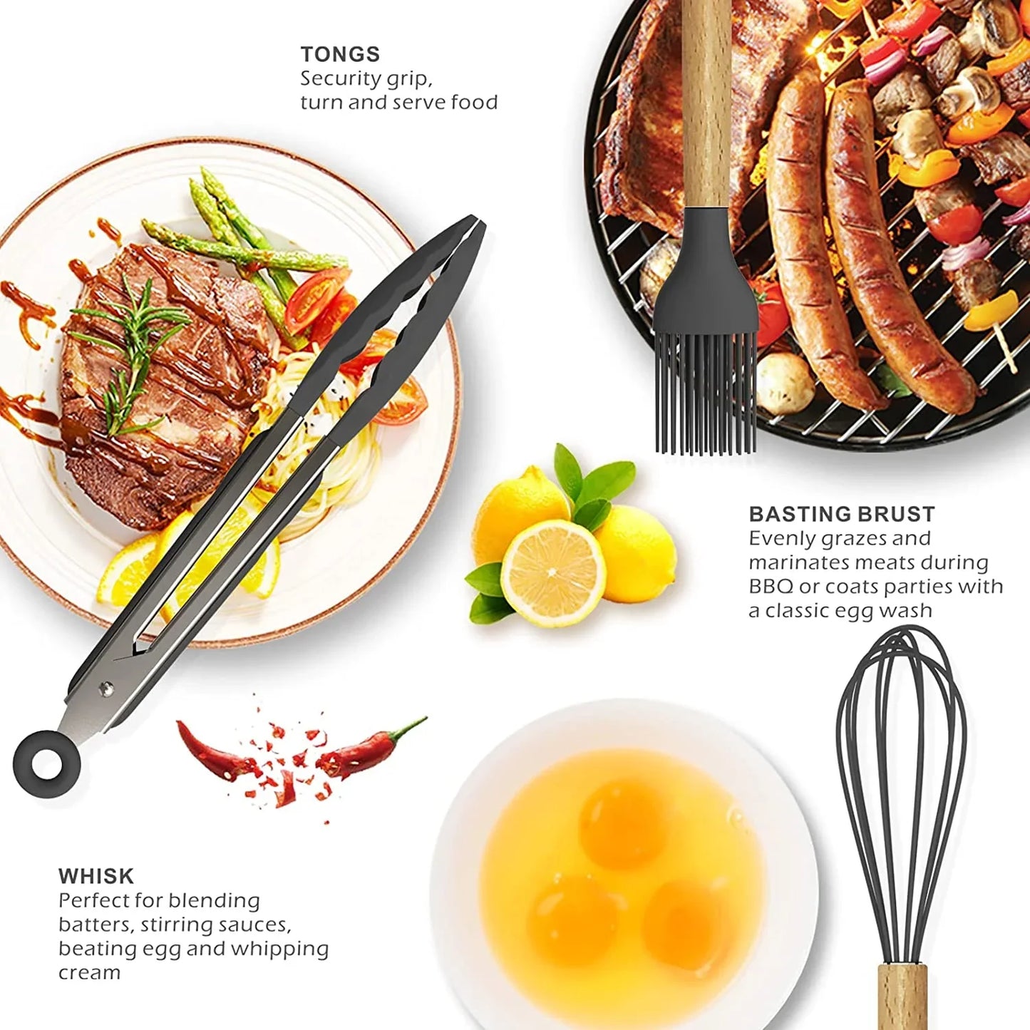 Silicone Cooking Utensils Kitchen Utensil Set - 446°F Heat Resistant Silicone Kitchen Utensils Set, Spatula,Turner Tongs, Spoon, Whisk,Kitchen Gadgets for Nonstick Cookware, BPA Free (Gray)