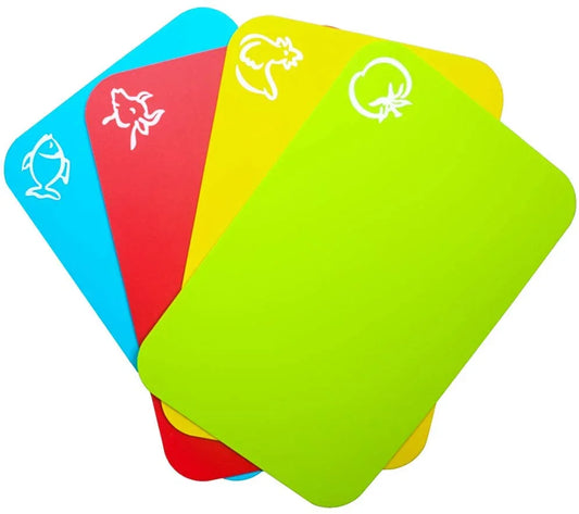 Small Flexible Plastic Cutting Board Mats, Cutting Boards Mats with Food Icons, Gripped Back and Dishwasher Safe, Set of 4 (7.5X11.4Inch)