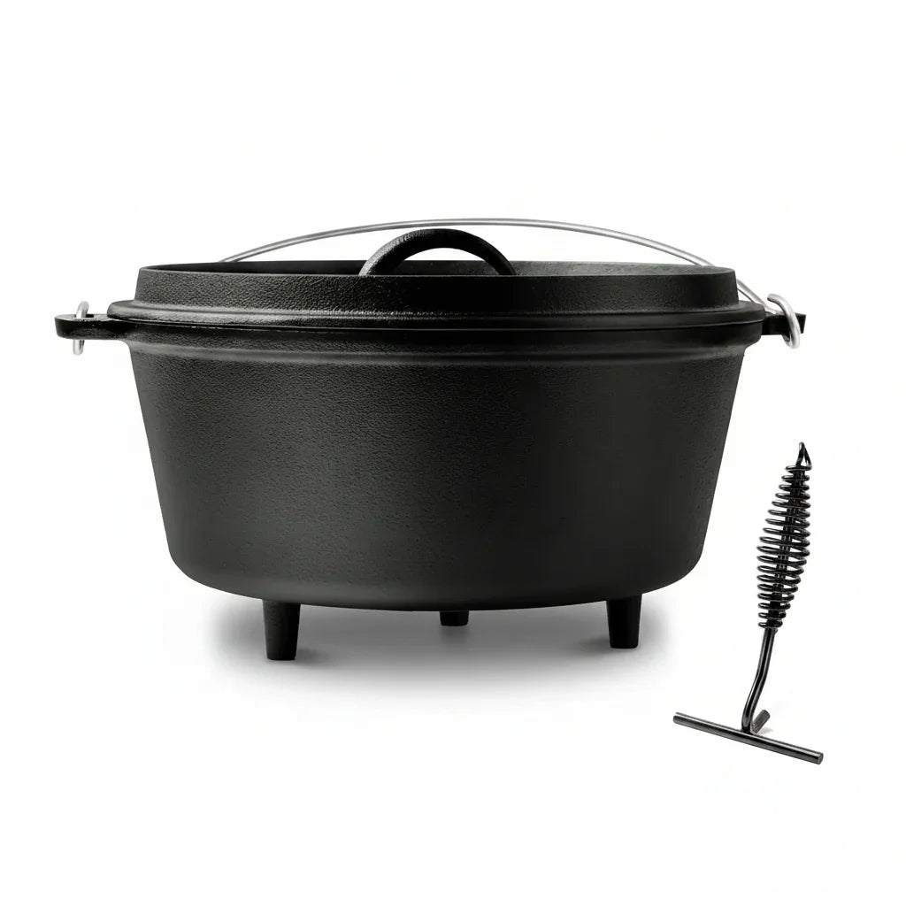 Black cast iron Dutch oven with lid and lifter, ideal for cooking and baking