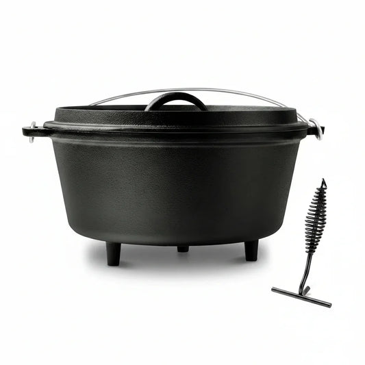 Black cast iron Dutch oven with lid and lifter, ideal for cooking and baking