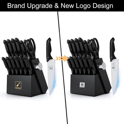 Knife Set with Block, Sharp Knives Set with Built-In Sharpener, Stainless Steel Kitchen Knife Sets with Non-Slip Ergonomic Handle, Dishwasher Safe, 14 PCS Professional Knife Set for Gift, Black