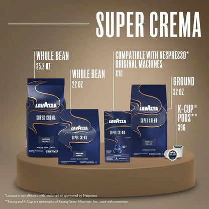 Lavazza Super Crema coffee varieties including whole bean, ground, and K-Cup pods for Nespresso machines