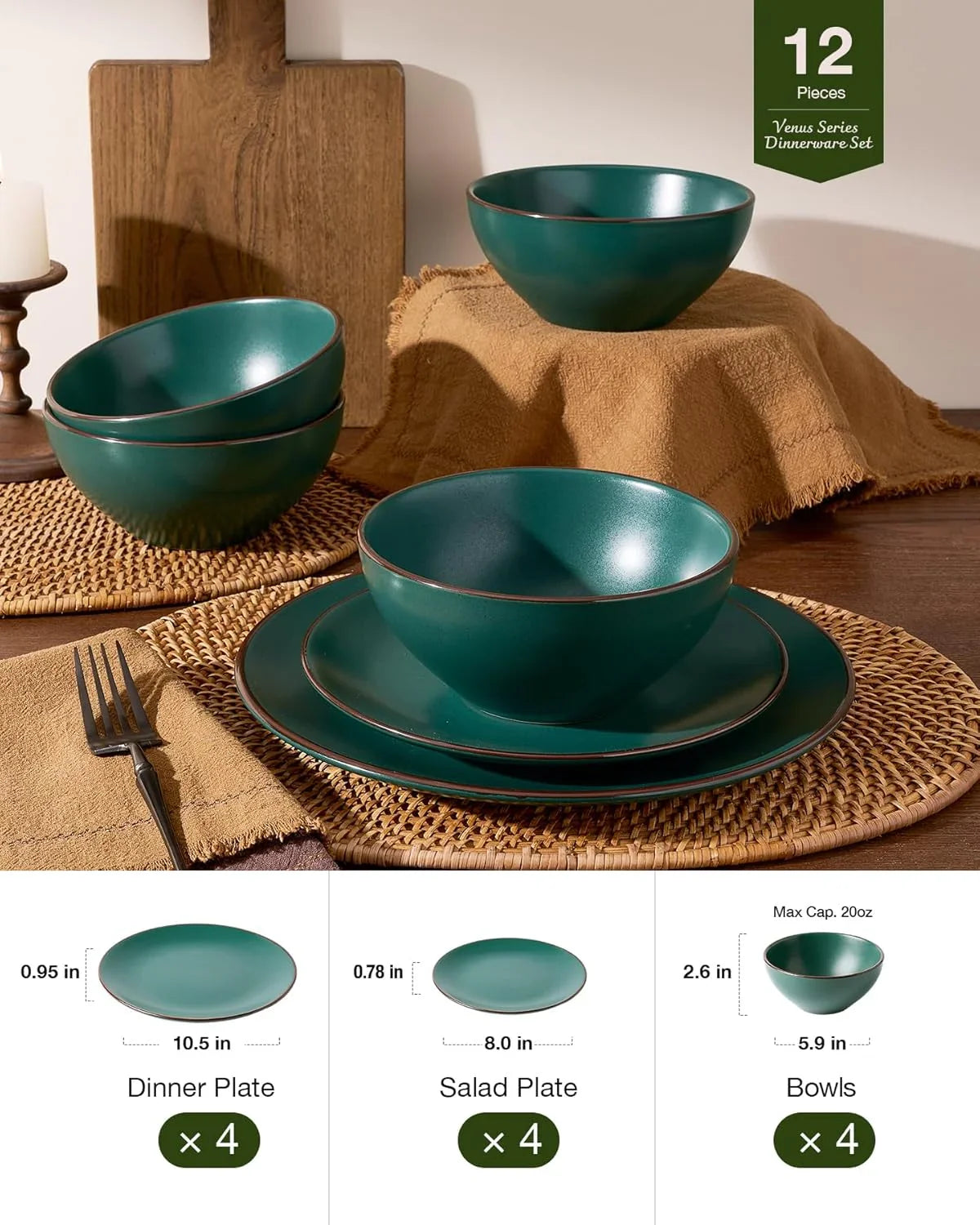 Venus 12-Piece Plates and Bowls Sets with Trim for 4, Stoneware Dinnerware Set, Modern Minimalist Dishes for Everyday & Formal Use, Chip Resistant, Microwave/Dishwasher Safe, Matte Dark Green