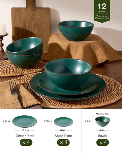 Venus 12-Piece Plates and Bowls Sets with Trim for 4, Stoneware Dinnerware Set, Modern Minimalist Dishes for Everyday & Formal Use, Chip Resistant, Microwave/Dishwasher Safe, Matte Dark Green