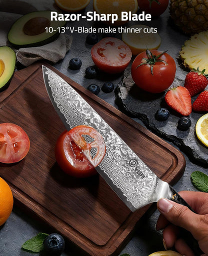 Chef Knife, 8 Inch Damascus Steel with Japanese High Carbon 10Cr15Mov Core, Full Tang Ergonomic Handle for Balance & Control, Razor Sharp Kitchen Utility Knife for Cooking with Sheath & Box