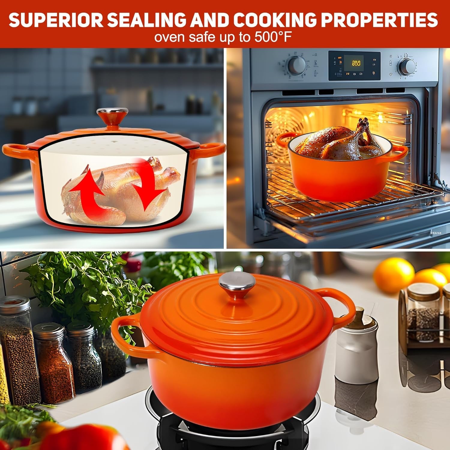 5QT Enameled Cast Iron Dutch Oven for Bread Baking with Lid, Sourdough Baking Supplies with Proofing Basket, Bread Making Tools Set, Heavy-Duty Cookware for Braising, Stews, Roasting (Orange)