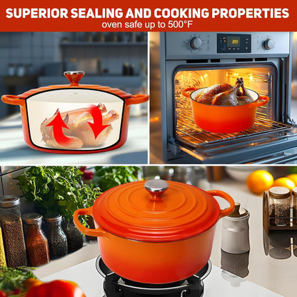 5QT Enameled Cast Iron Dutch Oven for Bread Baking with Lid, Sourdough Baking Supplies with Proofing Basket, Bread Making Tools Set, Heavy-Duty Cookware for Braising, Stews, Roasting (Orange)