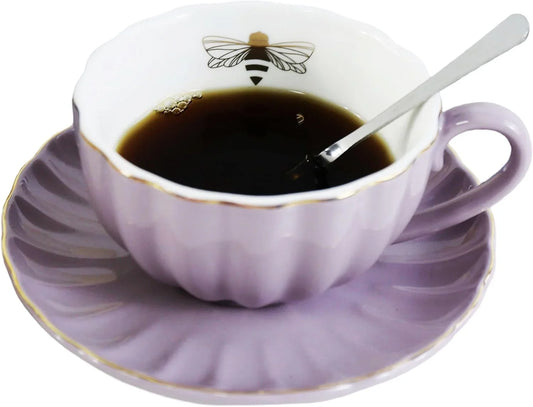 Strengthen Porcelain Cup and Saucer Set, 9Oz Cup with Saucer - Gold Bee inside the Cup (Purple)