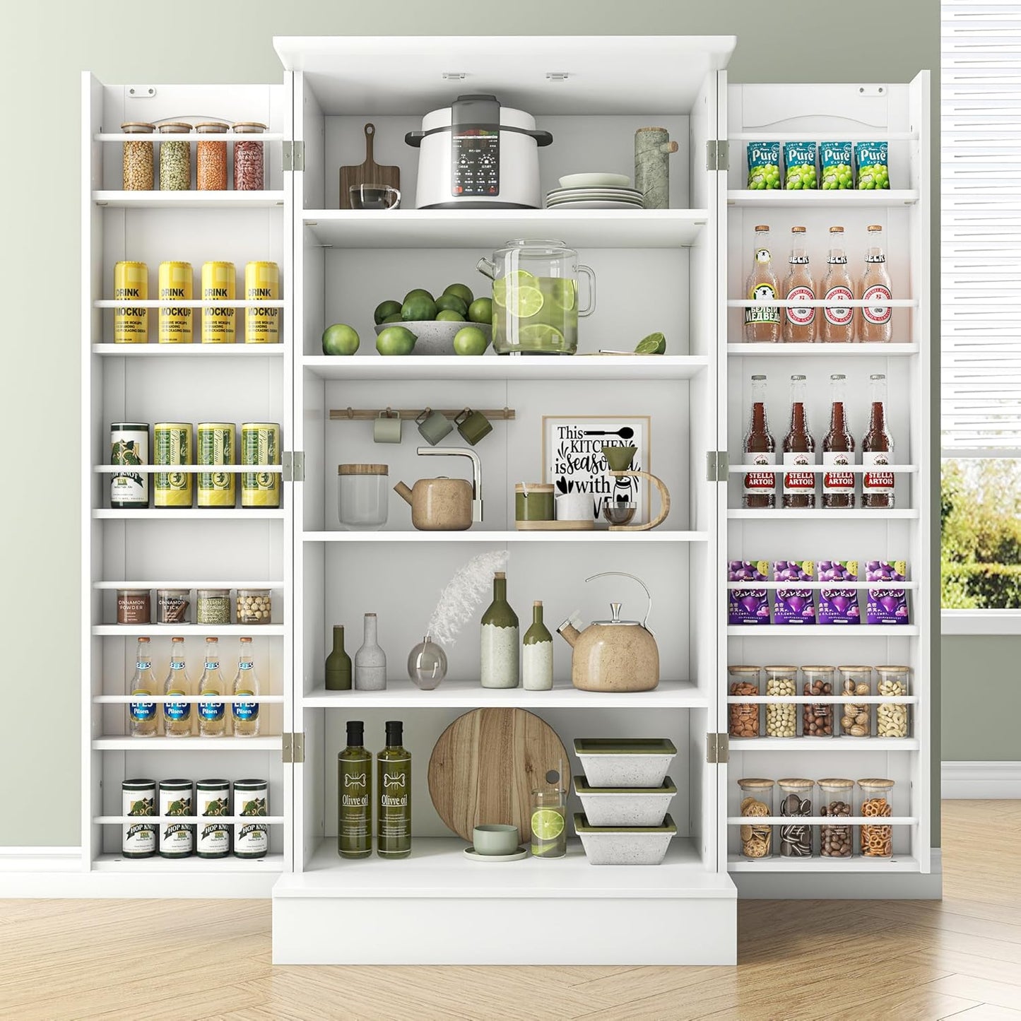 47” Pantry Cabinet, Kitchen Pantry Storage Cabinet with Doors and Adjustable Shelves,Freestanding Buffet Cupboards Sideboard for Living Room and Dinning Room (White)